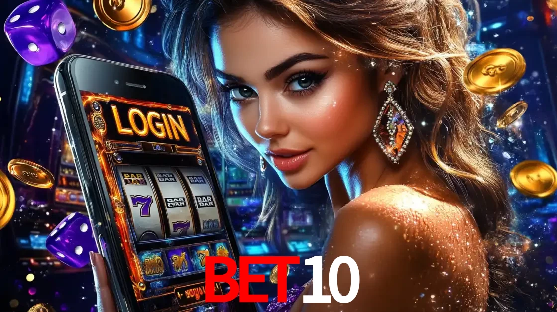Mulher glamorosa segurando um smartphone com a tela de login para os jogos de caça-níqueis do cassino online BET10, com moedas de ouro e dados ao redor.