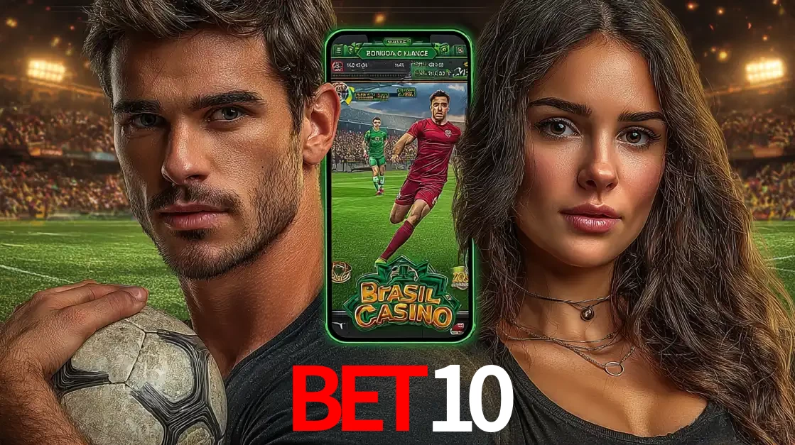 Homem segurando uma bola de futebol e uma mulher ao lado de um smartphone exibindo o jogo de apostas esportivas da BET10. Faça seu palpite no cassino online.